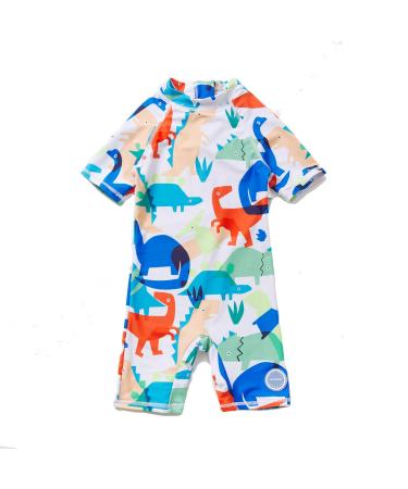 BONVERANO Baby Boys Swimsuit Toddler Bathing Suit Short-Sleeve Zipper One Piece Swimwear with UPF 50+ Sun Protection 9-12 Months White Dinosaur