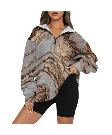 Creoqiji sweater women long women's sweaters printed fashionable casual bag long-sleeved collar with zipper bathrobe terry women without brown m