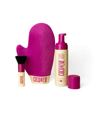 Coco & Eve Sunny Honey Bali Bronzing Bundle (Medium). All Natural Sunless Tanning Mousse. Instant Self Tanning Lotion with Bronzer, Mitt Applicator and Kabuki Brush.