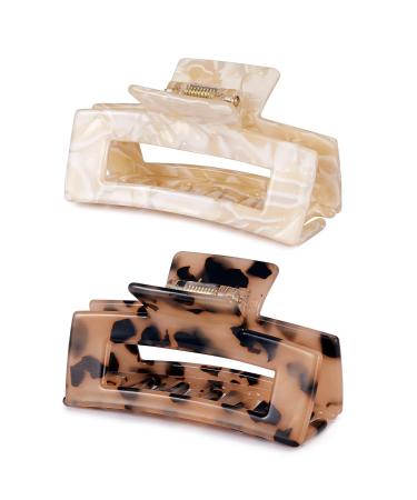 3 inch Hair Claw Clips Cutout Tortoise Shell Celluloid Hair Jaw Clips French Design Rectangle Hair Clamp for Women Ladies Girls (2 Pack) STYLE B