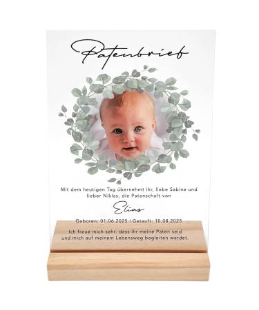 Sponsor letter for godfather Personalized sponsorship certificate with photo on acrylic glass gift for patentante & godfather for baptism baptismal gift incl. Wooden foot godparents 20x30 cm (eucalyptus)