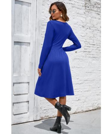 OUGES Women's Spring Casual Midi Dress | Long Sleeve V-Neck Floral Wrap Dress with Pockets | Blue - Buy Online on SooperMarket.com
