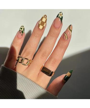 RUNRAYAY Dark Green Press on Nails Oval Acrylic False Fingers Nail with Checkerboard & Swirl Design Fake Nails Set for Women Girls Daily Routine in 24Pcs FF