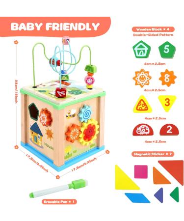 6-in-1 Wooden Motor Cube Activity Center for Toddlers - Pearl Labyrinth & Shape Sorting Toy for Kids Age 1-3 - Buy Online on SooperMarket.com