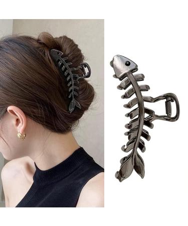 Metal Hair Claw Clips  1Pcs Gunmetal Metal Fishbone Shaped Hair Clip  Large Size  Elegant and Noble  Strong Hold for Women with Thick or Thin Hair  Stylish Must-Have Hair Accessory (Gunmetal Fishbone) Black Fishbone