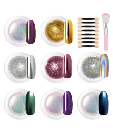 Lofuanna Chrome Nail Powder 8 Colors Mirror Effect Holographic Pearl Iridescent Powder Chrome Powder Glitter Manicure for Nail Art Deco with 8pcs Eyeshadow Sticks and Dust Brush 1g or 0.5g/Jar