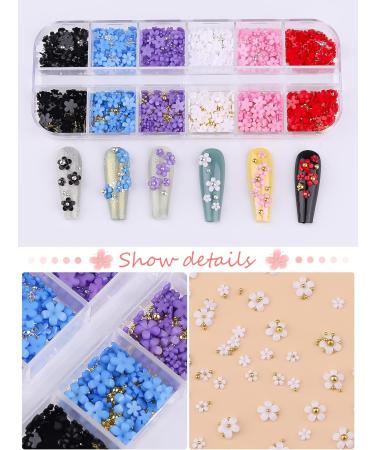 3D Colorful Flower Nail Charms | Acrylic Rhinestone Decorations | Kalolary Nail Art Studs | Gold Silver Caviar Beads | Women Girls | 12 Grids/Box - Buy Online on SooperMarket.com
