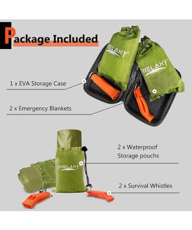 Frelaxy Emergency Blanket 2-Pack - Extra-Thick Large Space Blankets with Whistles & Storage Pouches - Army Green - Buy Online on SooperMarket.com