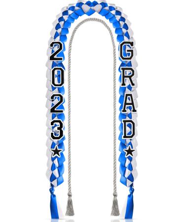 10 Pieces Graduation Ribbon Lei Handmade Braided Necklace Honor Cord with Tassel 2023 Grad Embroidery Patches for High School College Graduation Party Supplies (White, Blue, Silver Tassel)