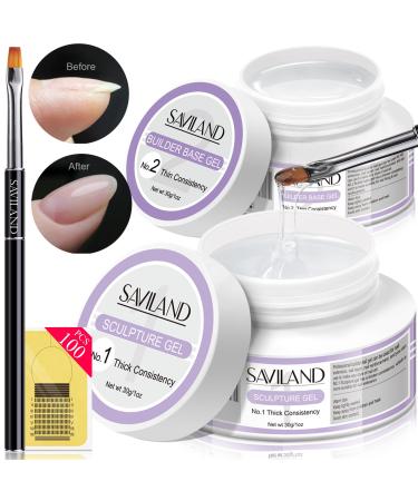 Saviland Builder Nail Gel Kit - 2PCS 1.06OZ Clear Sculpture & Builder Base Gel Nail Extension Gel Kit with Nail Art Brush Nail Forms for Beginners Home DIY Professional Salon 60g Clear