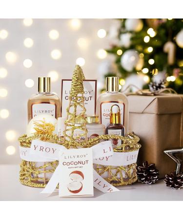 Coconut Spa Gift Set for Women - 8Pcs Spa Gift Basket with Shower Gel, Bubble Bath, Body Cream, and More in Elegant Wire Basket | Gifts for Her - Buy Online on SooperMarket.com