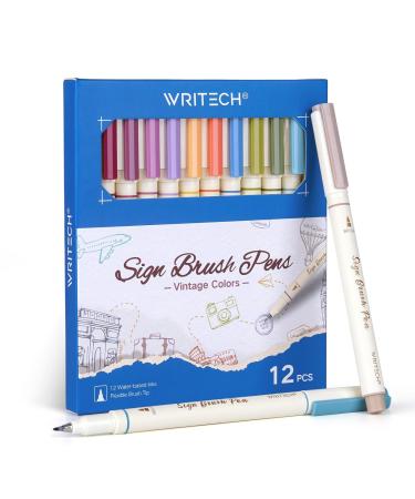 WRITECH Arts Sign Brush Pen Brush Tip Marker Felt Tip Water Based Ink Color Pens 12 Assorted Vintage Colors Great for Lettering Journaling Calligraphy (Vintage)