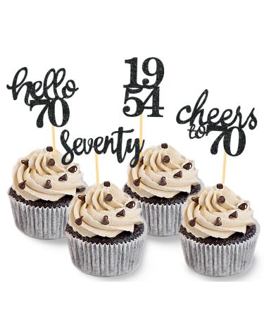 24 pieces glitter 70th birthday cupcake topper 70th birthday decoration from 1954 for 70 birthday party accessories party decoration cake decoration (black)