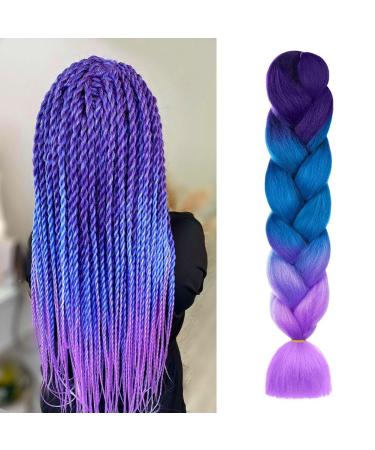 Aomig Ombre Braids Extensions - 24 Strands Artificial Hair for Box Braids | Purple Light Violet Sea Blue - Ideal for Braiding - Buy Online on SooperMarket.com
