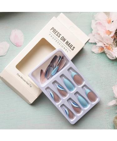 Blue Almond Shape Press on Nails with Wave Designs | Medium Length French False Nails for Women - Buy Online on SooperMarket.com