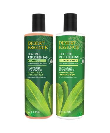 Desert Essence Tea Tree Replenishing Shampoo and Conditioner Bundle - 12.7 Fl Ounce - Therapeutic - Peppermint & Yucca - All Skin Types - Tea Tree Oil - Restore & Nurture Hair
