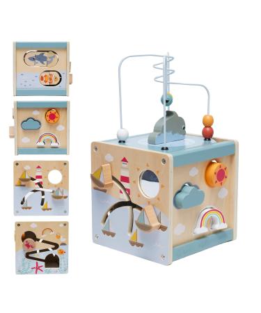 Nukdey motor cube activity cubes made of wood 6 in 1montessori toy plug -in play wood educational toy plug -in dice Sorting play wooden toys for children Activity Center from 3 year (ocean)