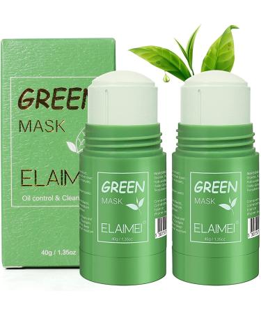 2pc Green Tea Mask Stick for Face Purifying Solid Clay Blackhead Remove Anti-Acne Oil Control Deep Clean Pore Moisturizing Skin Brightening Improves Men Women (2PC) 1.35 Ounce