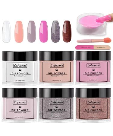 Lofuanna 6 Colors Dip Powder Nail Kit Starter-Professional Dip Powder Red glitter Purple glitter Nude Pink Clear Dipping Kit -Nail Art Design Kit French Dip Manicure DIY Salon Gifts All seasons
