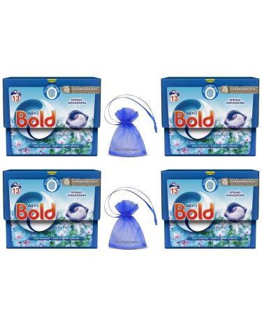 Bold All-in-1 Pods Laundry Washing Capsules 13capsules Built in Lenor Softener Spring Awakening Scent case of 4 pack+ Our Gift for You: Organza Small Bag