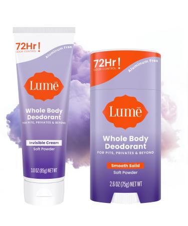 Lume Whole Body Deodorant - Invisible Cream - 72 Hour Odor Control - Aluminum Free Baking Soda Free Skin Safe - 3.0 Ounce Tube and 2.6 Ounce Solid Stick Bundle (Soft Powder)