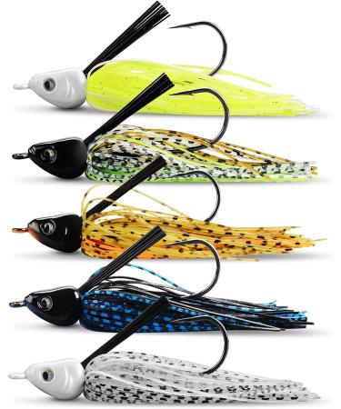 MadBite Swim Jig Fishing Lures 5 Pack - Heavy Brush Guard, Silicone Skirt, Needle Point Hooks - 3/8 oz and 1/2 oz Sizes - Multi-Color Kits - Clear & Muddy Water - Includes Storage Box - Buy Online on SooperMarket.com