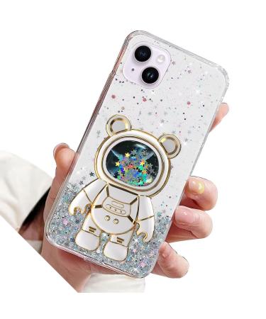 Rnrieyta bear bear astronaut stand shell glitter for iPhone 15 plus cute girls thin crystal protective cover drive bling transparent case bumper with astronaut holder kickstand transparent iPhone 15 plus transparent