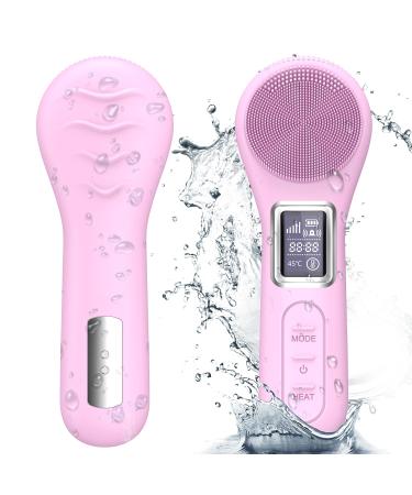Face Scrubber Facial Cleansing Brush Electric Silicone Sonic Face Brush with LCD Screen Rechargeable Waterproof for Deep Cleansing Thermal Massager Skin Care Routine Men Women Pink