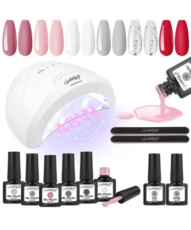 SPTHTHHPY 11Pcs Gel Nail Polish Kit with 48W UV Light - 6 Colors White Pink Nude Gel Polish with Base Gel Top Coat - Manicure Art Kit for Starter DIY Salon Gift 6+2