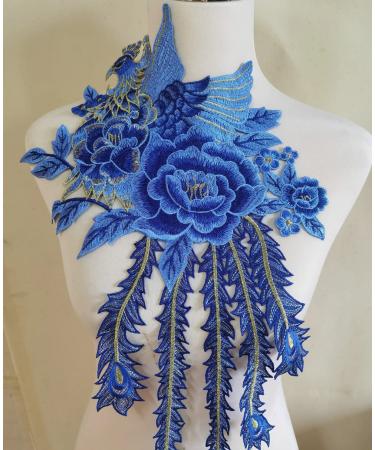 ZALALAA Peacock Flower Embroidered Lace Neckline Collar Warm Tones Floral Brown Leaf Applique Patches Scrapbooking Embossed Sewing (Blue C) (Z0)