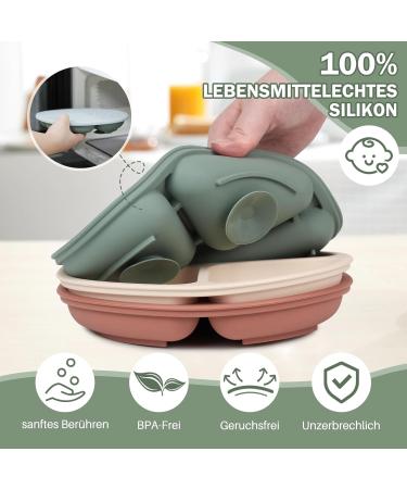 Baseola Silicone Baby Plate Set with Suction Cup & Lid | BPA-Free Divided Children's Dishes (3 Pieces Dark Green Brick Red Beige) - Perfect for Easy Mealtime - Buy Online on SooperMarket.com