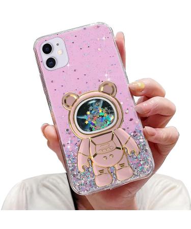 Tivenfezk nadoli for iPhone 12 mini driveand bear astronaut hidden stand shell caricature glitter astronaut stand soft silicone bling mobile phone case transparent protective cover iphone 12 mini pink