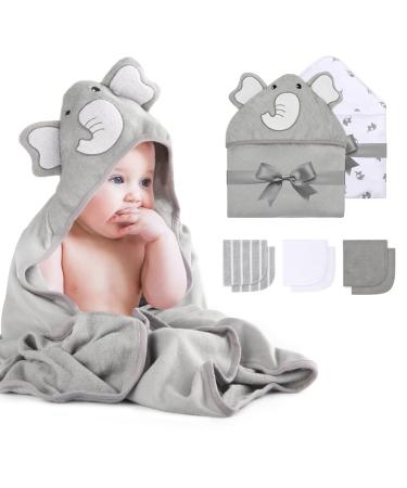 momcozy Hooded Baby Towel Set 8-Piece Baby Bath Towel Set 2Pcs Baby Towel and 6Pcs Baby Wash Cloth Soft and Super Absorbent Baby Washcloths for Toddlers Baby Shower Set Cute Elephant Grey
