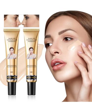 LSxia 2Pcs Liquid Concealer Foundation Set  Waterproof Foundation Moisturizing Foundation Makeup Full Coverage Foundation Face Cream Foundation Hide Concealer Makeup For All Skin (Ivory)
