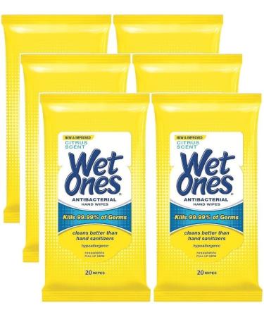Wet Ones Antibacterial Hands & Face Wipes Citrus Scent 20 Count Travel Pack (Pack of 6)