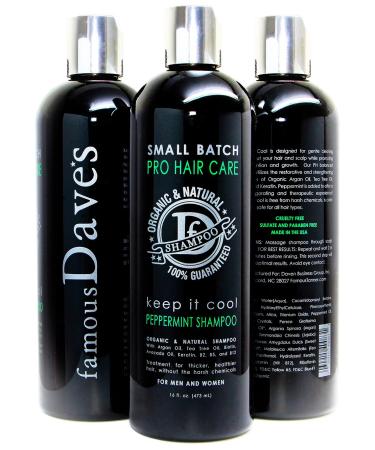 Premium Organic Hair Shampoo - Men's & Women's Natural Argan Oil Tea Tree and Peppermint - Sulfate Free Loss and Dandruff Prevention - Dave's Sulfate Free 16 Oz.
