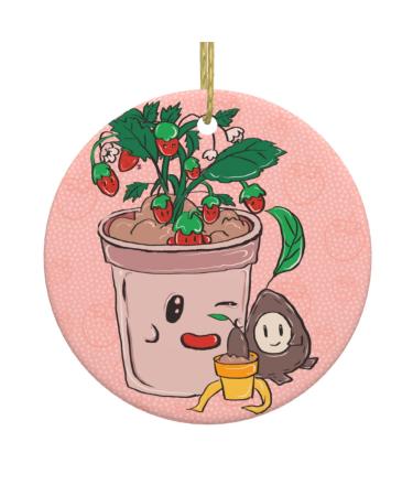 YYHHAOFA Sunflower Seeds and Strawberries Prints Christmas Ceramic Round Pendant Decoration - Festive Hanging Ornament for Stores and Homes -2.9 in
