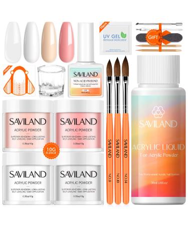 Saviland Acrylic Nail Kit with Non-Acid PH Bond - 4PCS Clear/White/Pink/Nudes Acrylic Powder and Liquid Set with Acrylic Nail Brush Dappen Dish for Acrylic Application Nail Extension  Acrylic Nail Kit for Beginners DIY a...