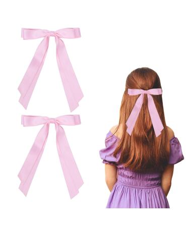 2 Pack Hair Bows for Women Pink Bow Hair Clips French Barrette with Long Silky Satin Hair Ribbons for Women Girls(Light Pink)