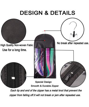 2PCS Portable Hair Extension Holder with Wooden Hanger - Dust-proof Storage Bags for Human Hair and Wigs (Black) - Buy Online on SooperMarket.com