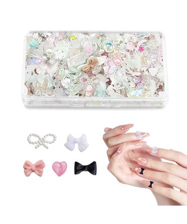 400 Pieces of Nail Decorations with 1 Storage Box 3D Nail Art Pearls Butterflies Bow Ties Gemstones in Various Shapes DIY Nail Accessories Nail Craft Decorations