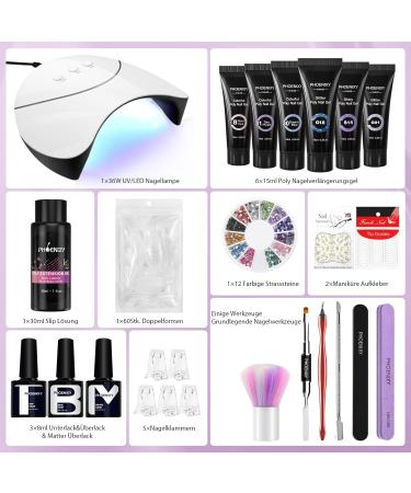 Poly Nail Gel Starter Set with 36W UV/LED Lamp | Phoenixy Blu Purple 6 Colors Base & Top Coat Perfect Gift! - Buy Online on SooperMarket.com