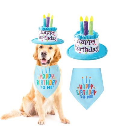 Ushang Pet Extral Large Dog Birthday Cake Hat & Birthday Bandana Scarfs Set Blue, Dog Happy Birthday Hat with Colorful Candles, Large Dog Birthday Party Supplies Decorations Birthday Hat & Bandana