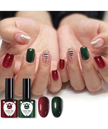 Christmas Gel Nail Polish Set Glitter Red Green 2 Colors Burgundy Dark Red Soak Off LED/UV Lamp Manicure Nail Varnish Sets for Women Nail Art Salon DIY Home