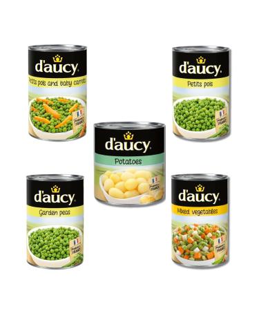 D'Aucy Peas Tinned Pick N Mix - Choose From 4 Flavours | Garden-Peas Mixed Vegetables Petits Petits-Pois & Baby Carrots Potatoes - Pack of 4 X 400g
