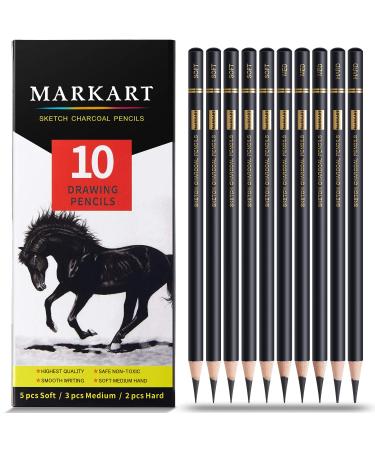 Professional Drawing Set - MARKART 10 Pieces Soft Medium and Hard Charcoal Pencils for Drawing, Sketching, Shading, Pencils for Beginners & Artists Black