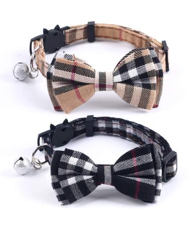 SuperBuddy Cat Collars Breakaway with Cute Bow Bell - 2 Pack Kitten Collar Plaid Cat Collar with Removable Bowtie Cat Collar for Cats Kittens brown-black