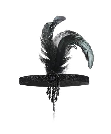 1920s Flapper Headband - Black Feather Headpiece with Rhinestone Bling for Women & Girls | Gatsby Theme Party Hair Accessory - Buy Online on SooperMarket.com