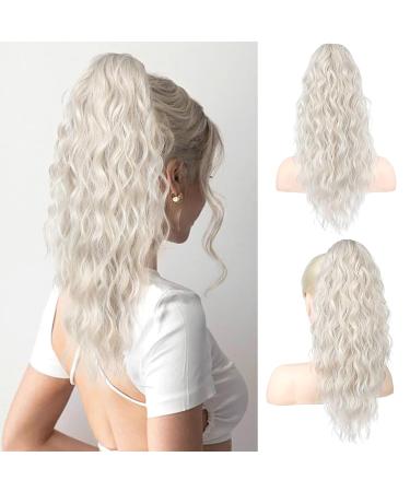 PORSMEER Claw Clip in Ponytail Hair Extensions 18 inches Long Curly Platinum Blonde Ponytail Multi Layered Natural Fluffy Wave Synthetic Hairpiece for Womens Girls Everyday Wear