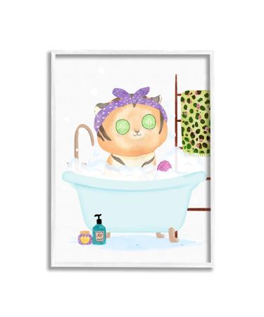 Stupell Industries Children's Tiger Bubble Bath Cute Safari Animal Bathroom White Framed Wall Art  16 x 20